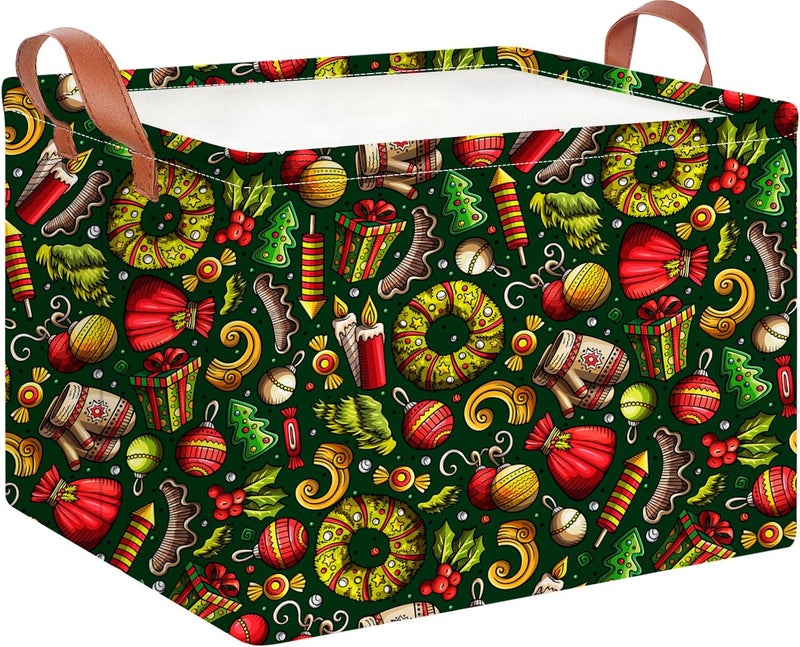 CLOCOR Rectangular Storage Basket,Collapsible Cute Pattern Storage Bin,Waterproof Books Box with Handles,Gift Basket(Green Christmas) - Image 1